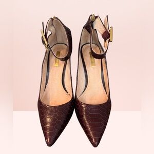 Louise et Cie Textured Neutral Embossed Ankle Strap Heels Burgundy Leather Pumps